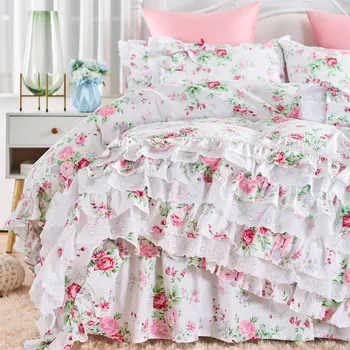 Пасторальный цвете дантелени комплекти спално бельо с рюшами, близнак пълен кралицата на поп романтично сладко памучни чаршафи рокля за легла чаршаф калъфка