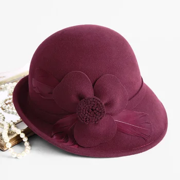 Стил Хепбърн, 100% Австралийска вълна, дамска шапка-клош с цветен модел, вечерни дамски филц шапки, модерен ретро църковна шапка