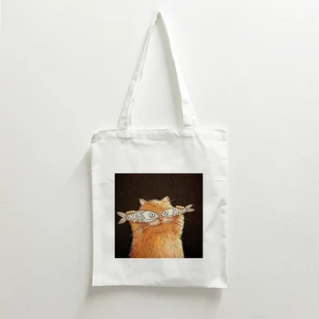 Холщовая чанта-тоут с кошачьим принтом, пазарски чанти за супермаркет, Эстетичные чанти за жени, Ежедневна чанта през рамо