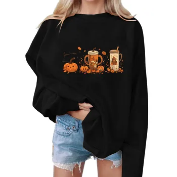 Коледен пуловер за жени, Модерен случайни пуловер с качулка и дълъг ръкав с принтом на Хелоуин, блузи, пуловери за жени, малък размер