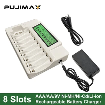 Многофункционално зарядно устройство PUJIMAX с 1 слот 9 и 8 слота AAA/AA Ni-MH/Ni-Cd с LCD дисплей, кабел за зареждане на САЩ/ЕС/Великобритания