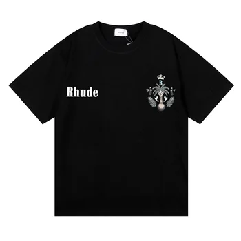 Лятна мъжки и дамски памучен тениска с къс ръкав 2023 Rhude американската марка Tide с кокосово модел и писмото принтом 1