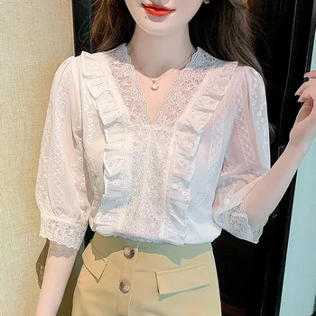 Секси дантелен топ в стил мозайка с V-образно деколте Дамски летни мода 2023, блуза с волани и цветисти принтом, Офис Дамска елегантна бяла риза
