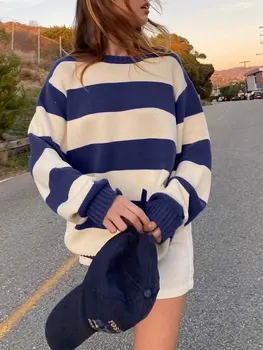 Пуловер на райета, женски вязаный пуловер в ретро стил, academia, ежедневни градинска широки дрехи с дълъг ръкав Y2K