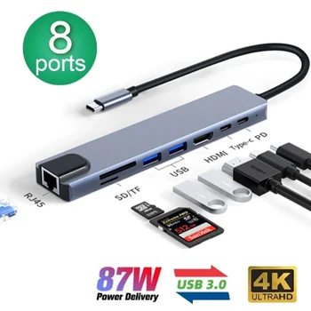 8в1 C USB 3.0 Хъб Type C за лаптоп адаптер за 4K, HDMI-Съвместим 100M RJ-45 Ethernet SD/TF Карта PD USB 3.0 Сплитер докинг станция