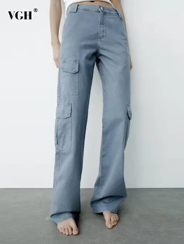VGH, обикновена ежедневни Директни панталони за жени, Висока талия, лоскутные джобове, Дебнещ Обикновен Панталон-карго, Дамски модни дрехи