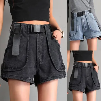 Дамски летни широки шорти Трапецовидна форма с колан, Дънкови шорти с висока талия и завязками, дънкови къси панталони с джобове