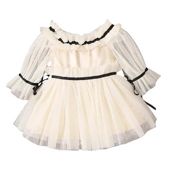 Тюлевое рокля-пакет за момичета, Елегантна мини рокля с дълги ръкави и набори за деца, Есен вечерна рокля на Принцеса с кръгло деколте
