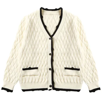 Бежово жилетка копчета, вязаный на една кука, 2024, Есента Случайни пуловер с дълги ръкави и V-образно деколте за малки момичета, Модерен, топъл трикотаж, Връхни дрехи