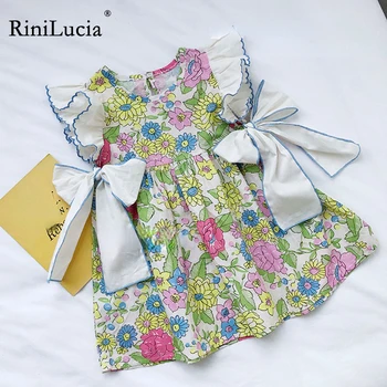 RiniLucia/ 2023, Нови сладък рокли за момичета, летни детски рокли с изгорени ръкави и лък в едно цвете за момичета, Детски дрехи за момичета