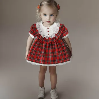 Дантелено рокля за малки момичета с къс ръкав в червената клетка, Бебешка рокля на принцеса с принтом, Детски празничен костюм за Хелоуин, Vestidos