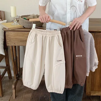 Детски ежедневни обикновена панталони, колекция от 2023 г., Демисезонные спортни панталони в корейски стил за момчета и момичета, прости панталони цялата дължина за деца