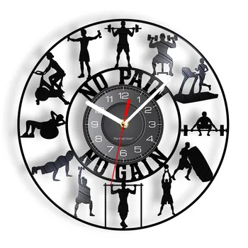 Стенен часовник с kettlebells за бодибилдинг, Знак, фитнес зала, Винил плоча за тренировки по вдигане на тежести, за Стенни часовници за упражнения, Вдъхновяващи, стенен часовник за подарък