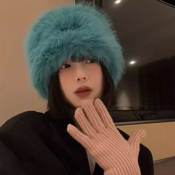 Корейската версия на плюшени шапки от изкуствена кожа, Дамски зимни дебели топли шапки-ведерки Ins, Защита на ушите, Елегантна и проста шапка за басейна