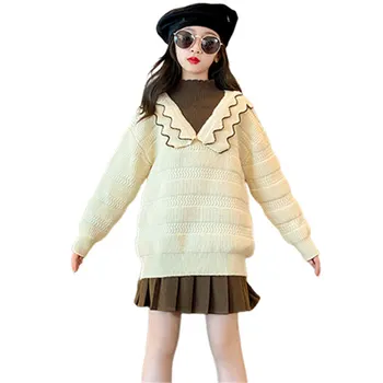 Чисто нов пролетно-есенен пуловер, за по-големи момичета с дълъг ръкав и яка, блузи, бебешки дрехи, подплатени костюми Kinttwear 10 12 13 години