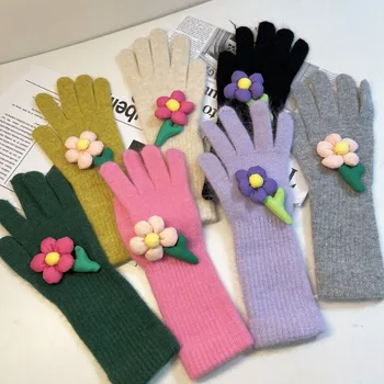 Дълги ръкавици с японски цветя Y2k, Дамски топли зимни ръкавици от ангорского заек кожа за момичета, устойчиви на каране на открито, обикновена ски ръкавици