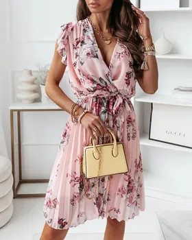 Плиссированное рокля с аромат и цветен принтом, Женски Ново пролетно-лятно мини-рокля с висока талия, без ръкави, с V-образно деколте и цветен модел