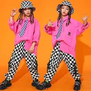 Детски облекла в стил хип-хоп, Свободна розова риза с дълги ръкави, Ежедневни проверени панталони, Дрехи за джаз улични танци за момичета, Рейв-облекло BL5810
