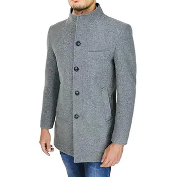 Однотонное палто за Стилни Мъжки зимни тренчи Приталенного намаляване на средна дължина, Гъста, с яка-ботуш и джобове за моден студения сезон