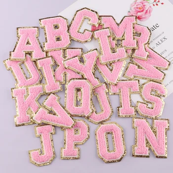 Розови ивици от шенилна с букви, бродирани ютия върху хавлиена кърпа, за Азбука, блестящи пайетки, Залепваща апликация, облекло 