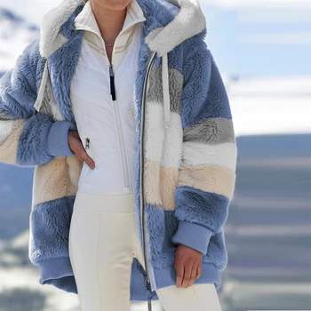 2021 Зимни Дамски Плюшени Мода Палта С Качулка На Якето С Цип Ежедневни Големи Шевове Одеяло От Изкуствена Кожа Топли Дамски Яке-Парка