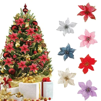 12 броя 13 см, блестящи изкуствени коледни цветя, Коледни украси за дома, Изкуствени цветя, Коледни украси, Коледа интериор