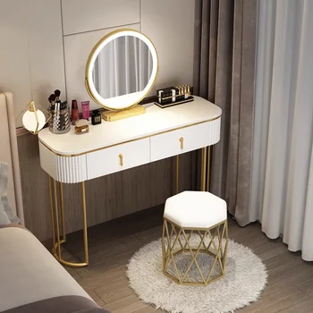 Модерен тоалетка за грим от дърво, Огледало, Стол за съхранение, Led Тоалетка с огледало, шкафове за спални, Луксозно обзавеждане за спалня
