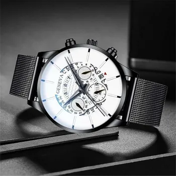 2023 нови мъжки часовници с мрежа от неръждаема стомана и черен корпус, Модерен бизнес часовник с календар за мъже, кварцов аналогов часовник reloj hombre
