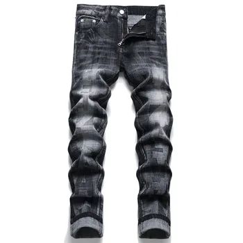 Дизайн в стила на рок-пънк, Мъжки дънки-участък с принтом, Тънки зауженные панталони с висока талия, Выстиранные Памучни панталони, Сини, Черни дънки