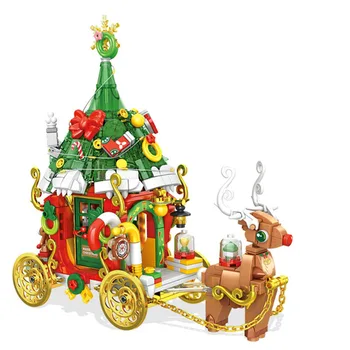 Коледен блок с каруца от Лосове Дядо Коледа с осветление, Коледно Дърво, Строителна Тухлена играчка за момчета и момичета, деца
