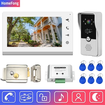 Видео домофон Homefong с Ключалка, Кабелна Звънец RFID-Отключване, 7-инчов Дисплей, Комплект Система за Контрол на Достъпа до Домофону за Домашно Сигурност