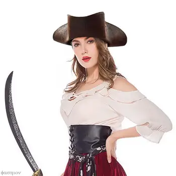 Аксесоари за костюми на пирати от Изкуствена кожа за Хелоуин Шапки Cosplay Кафява Потертая Pirate Треуголка Маскарадная парти на Мъже, Жени