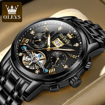 Луксозни механични часовници OLEVS с Турбийоном, мъжки водоустойчив часовник с каишка от неръждаема стомана, мъжки бизнес ръчен часовник с календар