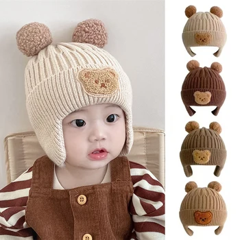 Зимна детска шапка-Бини, защита на ушите, с Анимационни Мечка, Вязаная капачка за малки момчета и момичета, Сладък корейски топли детски шапки на една кука