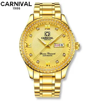 Мъжки автоматичен часовник Carnival, механични ръчни часовници с Цирконии и диамантен пръстен, Индикация на датата от седмицата, Светещите стрелки, Мъжки Бизнес гривна