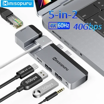 Minisopuru C USB Хъб 4K 40 Gbit/с Двоен USB Type-C за HDMI, RJ-45 на USB 3,2 PD 100 W Аудиоадаптер за Macbook Pro 14-16 инча USB hub