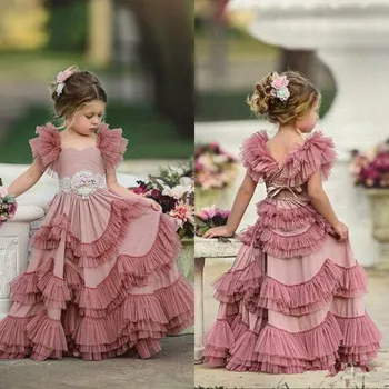 Рокля с цветя модел за момичета, Розова е Газов лейси Многослойна апликация, Сватбени рокли принцеса с цветовете, детски рокли за причастие, празнична рокля на мечтите, за деца